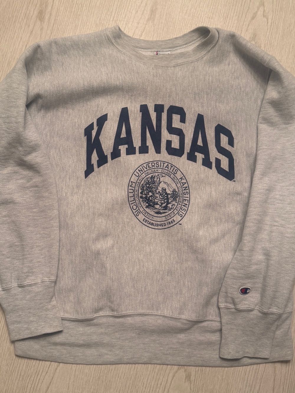 Kansas Jayhawks Rare Vintage Champion Heather Grey Crewneck - Navy Print
